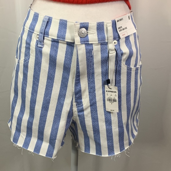 Express Blue and White Striped Shortie Super High Rise Mom Shorts- NWT- 6 - Picture 9 of 15